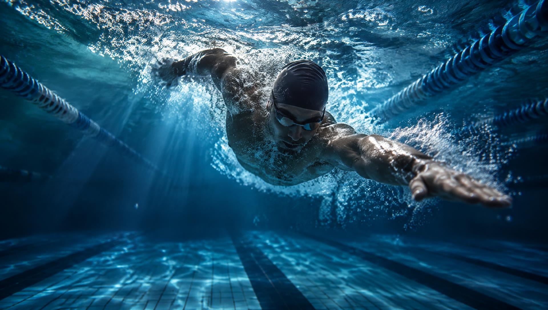 Competitive swimmer racing underwater in a pool lane